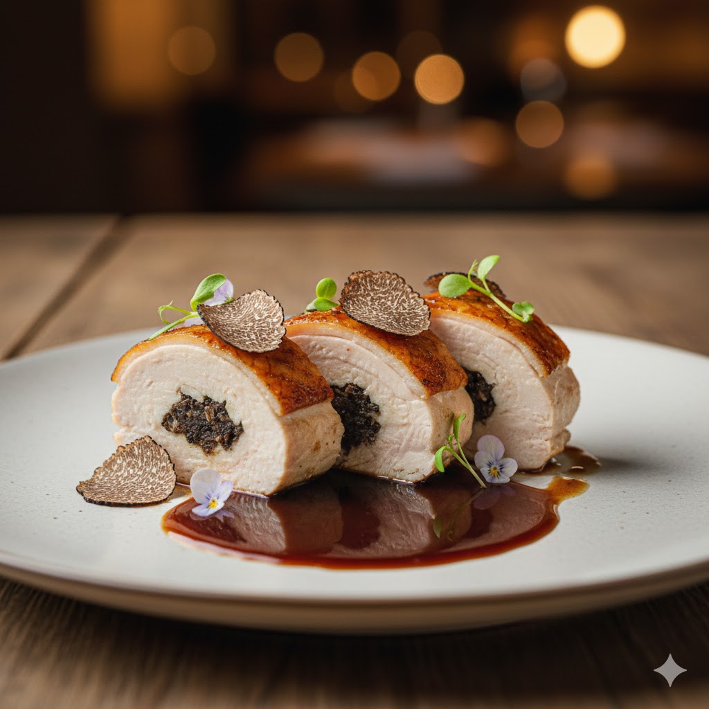 Ballotine of Chicken with Black Truffle and Jus Gras