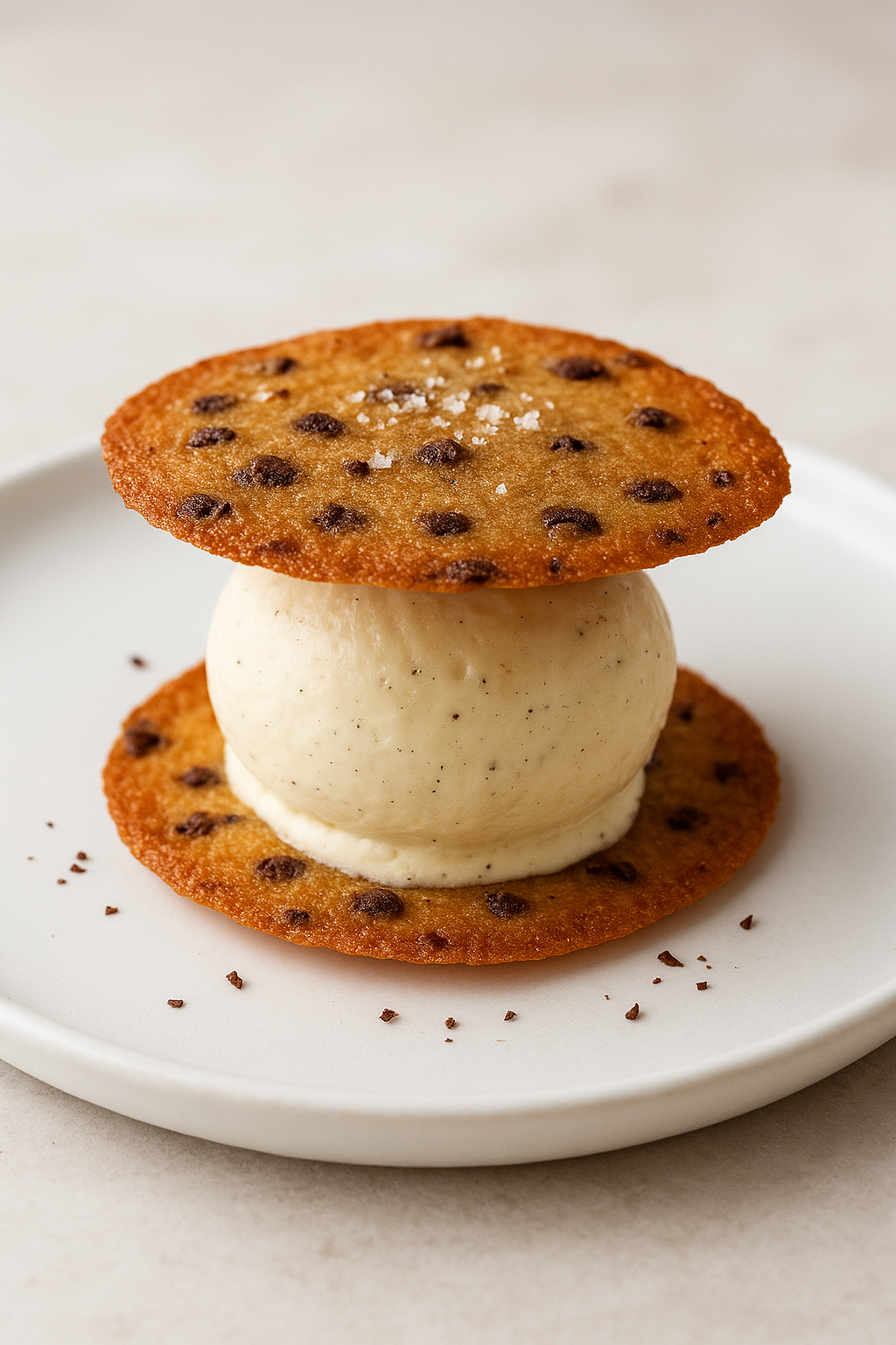 Chocolate Chip Cookie Tuile with Ice Cream Sandwich