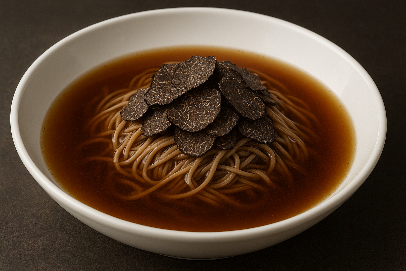Duck Consommé with Soba and Shaved Truffle