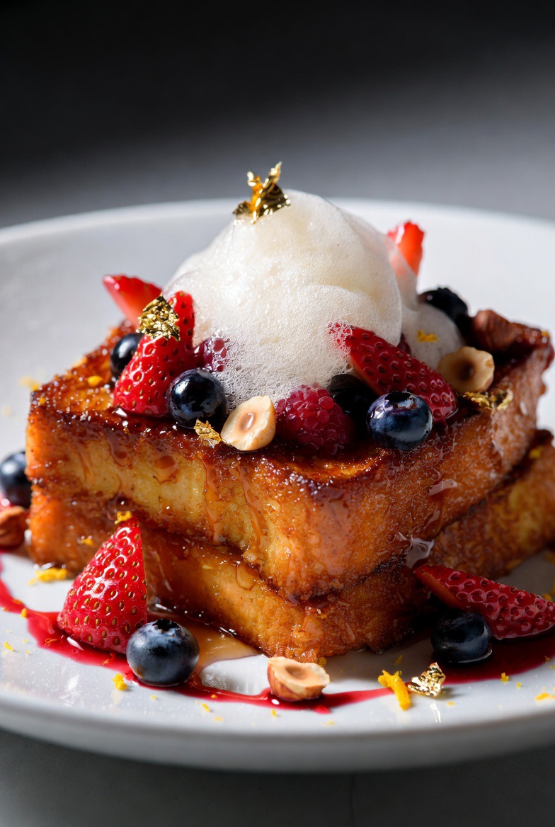 Brioche French Toast, Vanilla Espuma and Berry Coulis