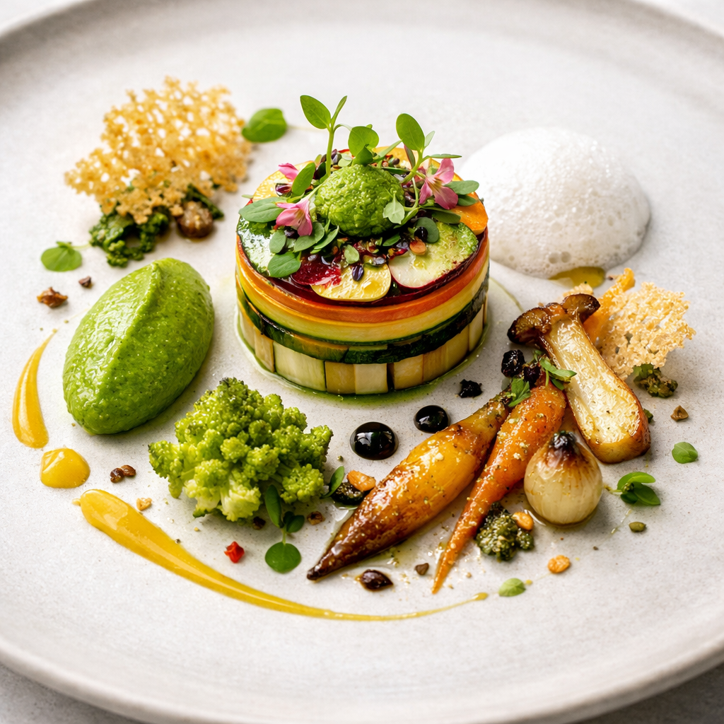 Layered Garden Vegetable Terrine with Pea Puree, Glazed Roots and Parmesan Tuile