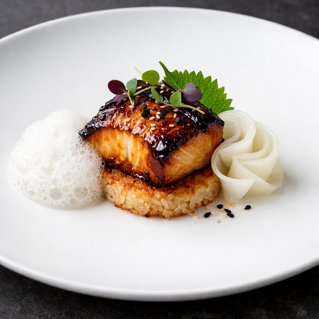 Miso-Glazed Black Cod, Yuzu Foam, Pickled Daikon and Crispy Rice