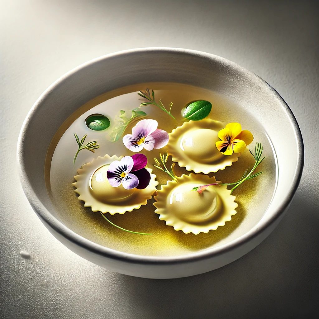 Vegetable Consommé with Edible Flower Ravioli