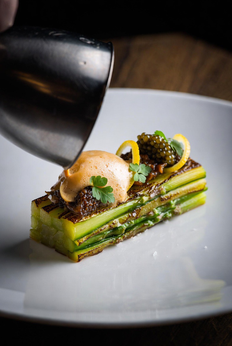 Asparagus Pavé with Brown Butter Sabayon, Morels & Caviar