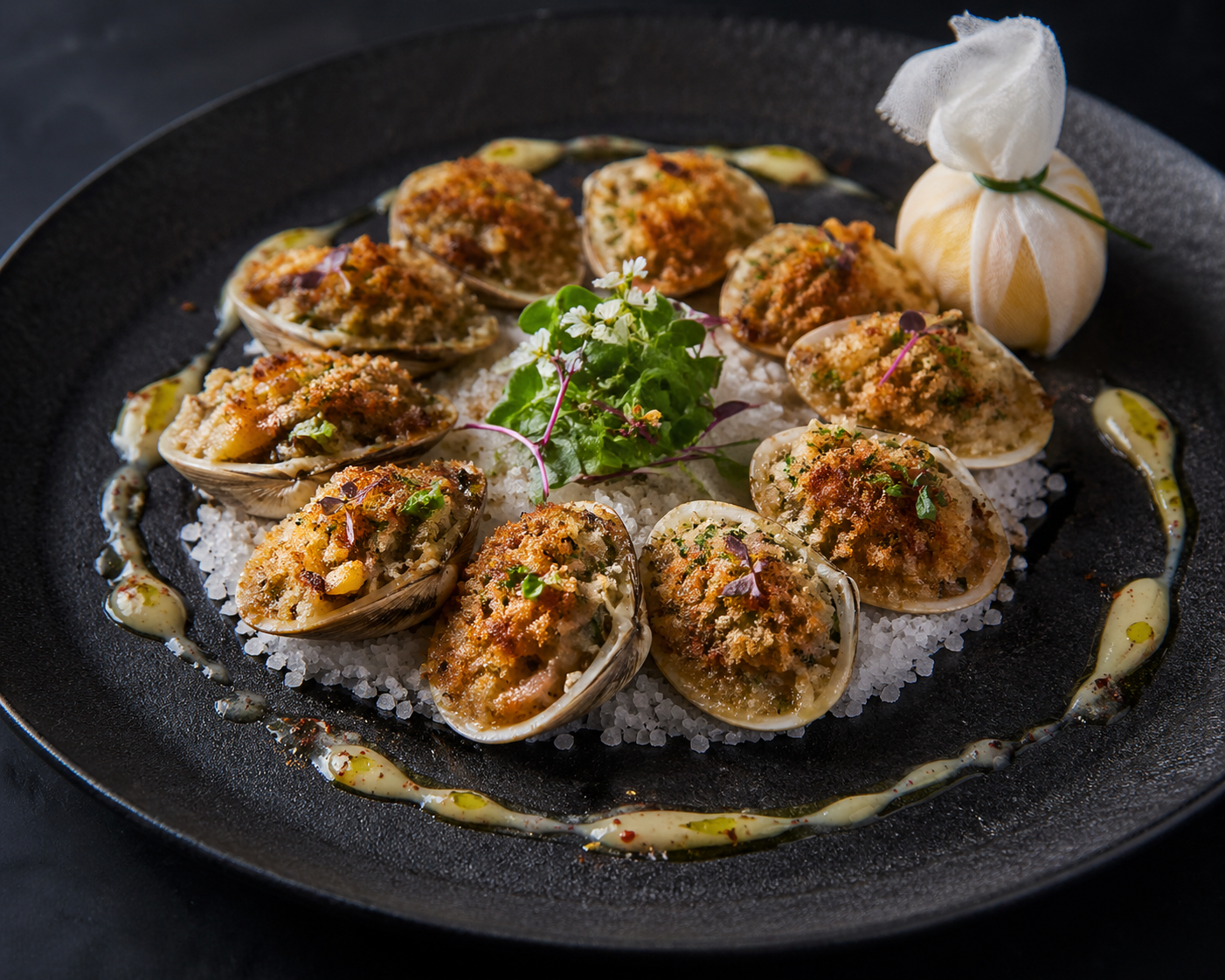 Baked Littleneck Clams with Brown Butter, Garlic Confit & Herb Pangrattato