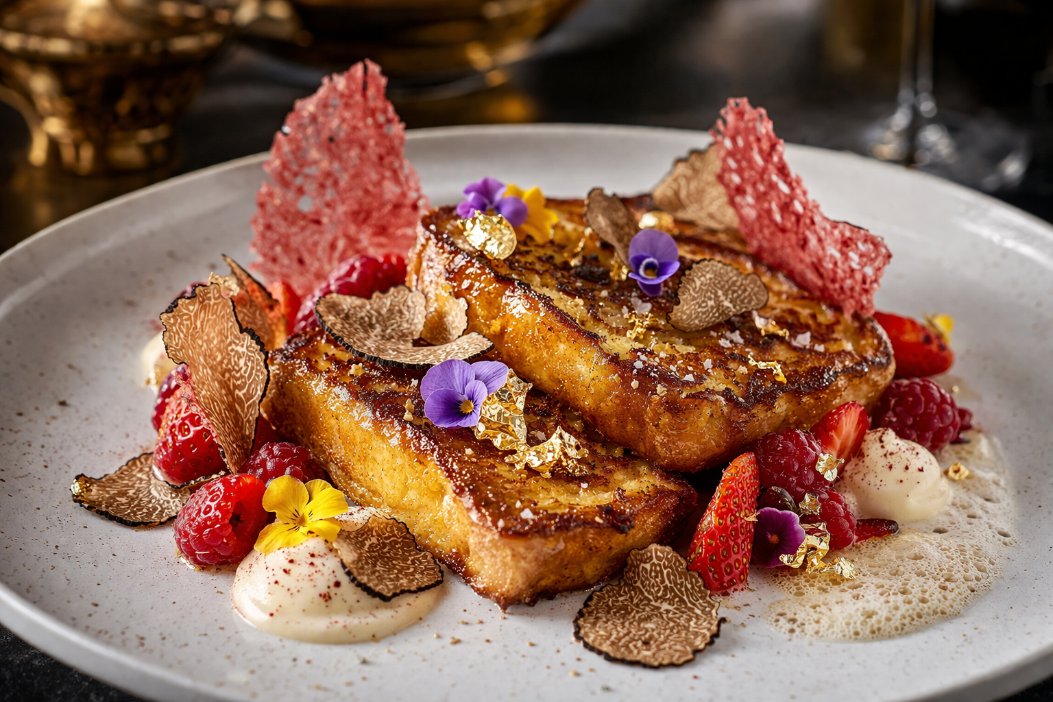 Black Truffle Brioche French Toast with Foie Gras Custard, Compressed Berries & Maple-Sauternes Espuma