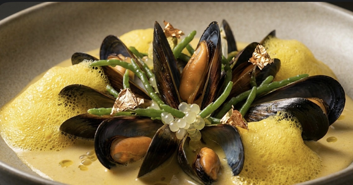 Blue Mussel Velouté with Saffron Foam & Compressed Sea Beans
