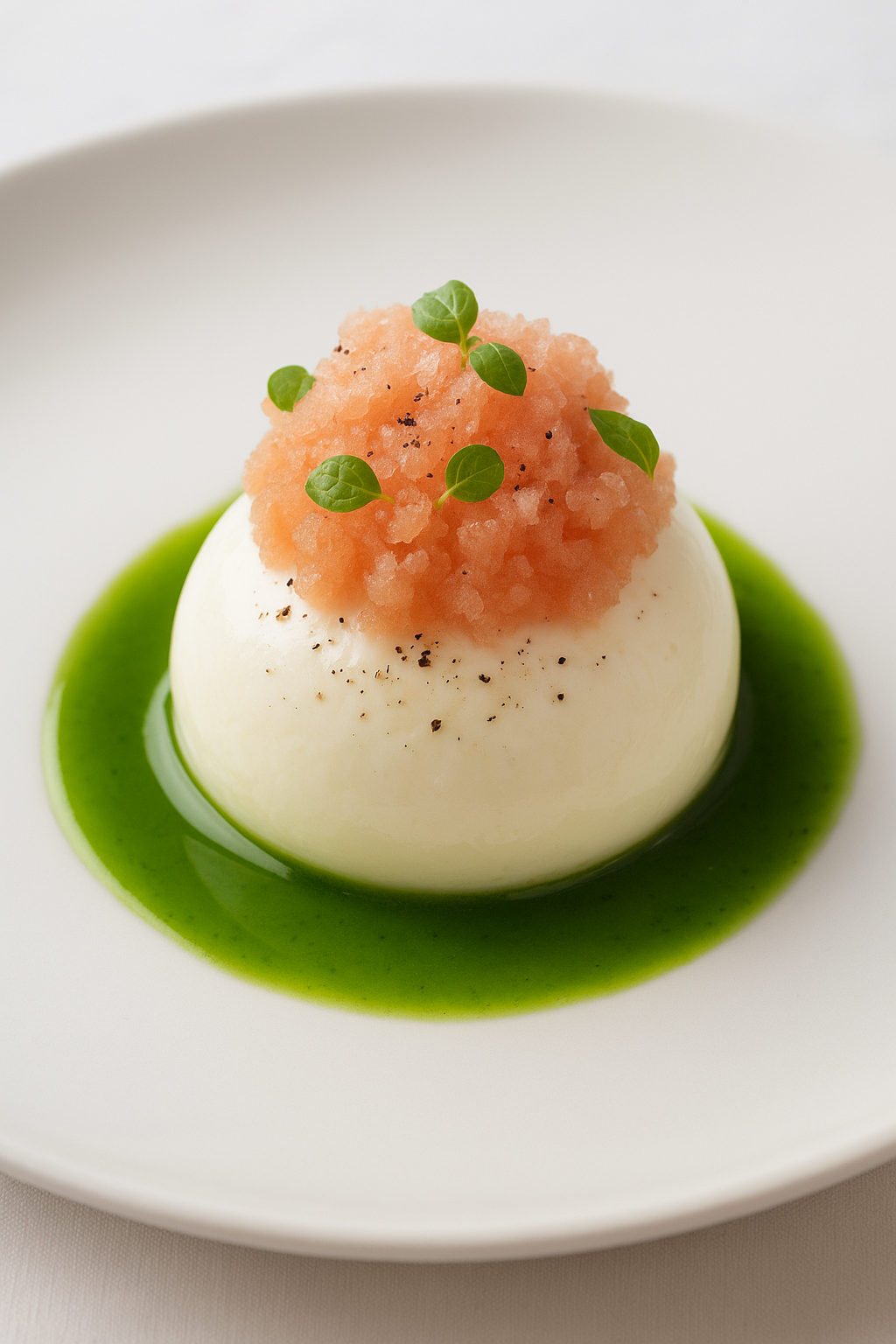 Burrata Sphere with Basil Oil & Tomato Water Snow