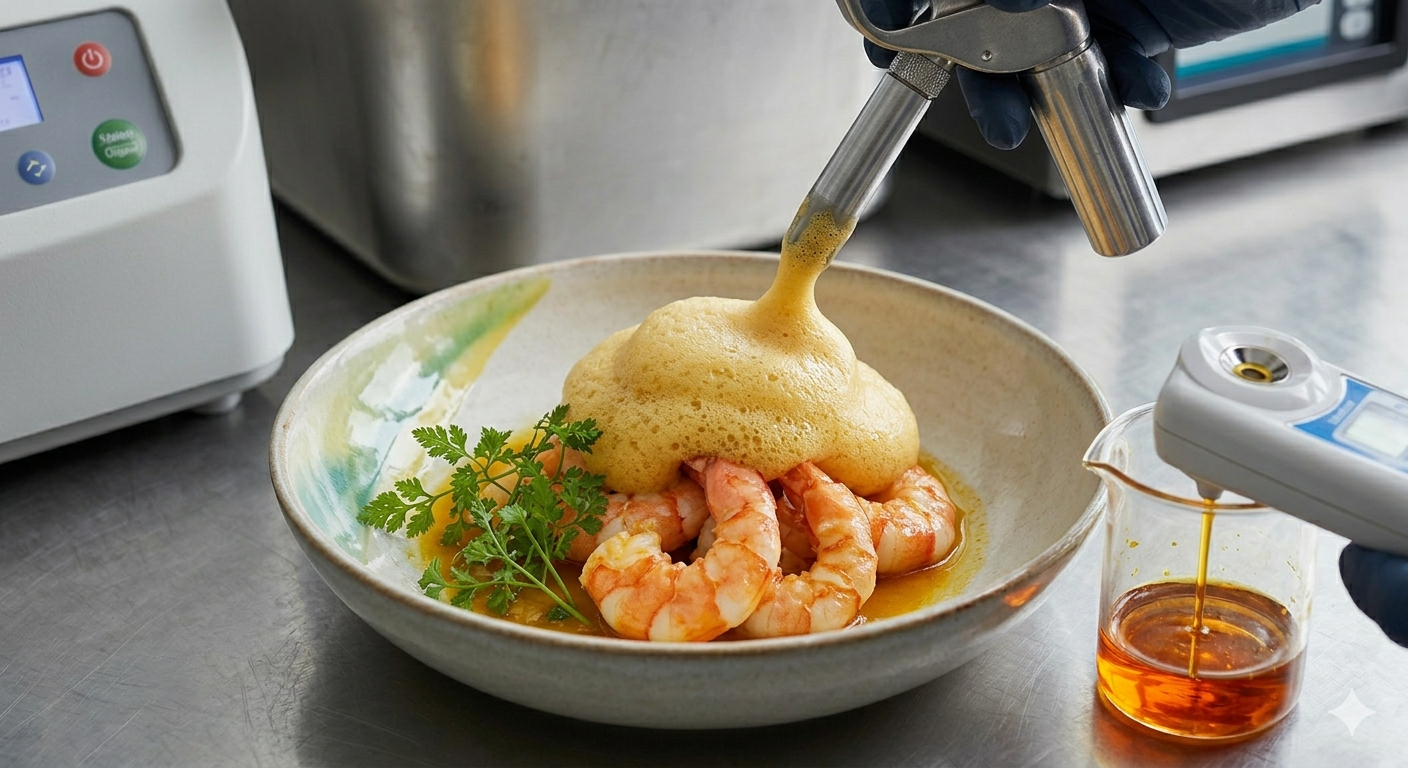 Butter-Poached Blue Prawns with Saffron-Shellfish Emulsion