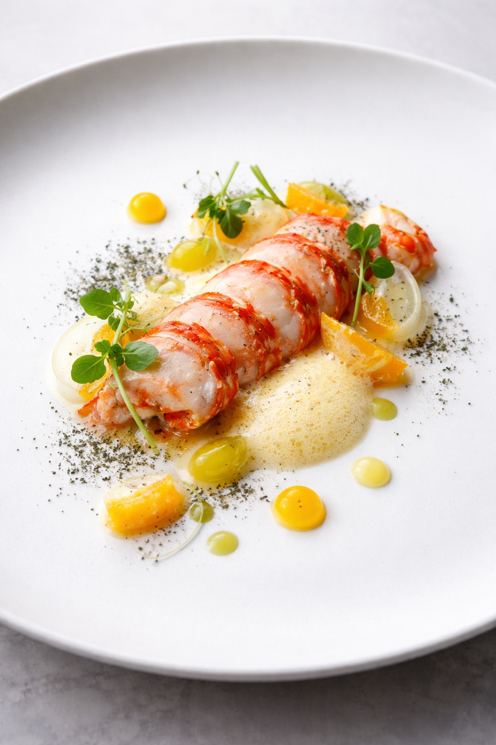 Butter-Poached Lobster with Saffron Foam, Fennel Ash & Citrus Gel