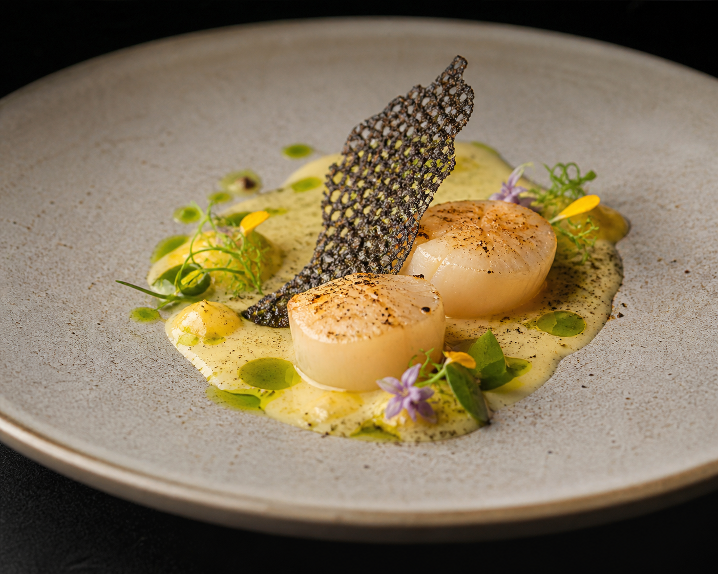 Butter-Poached Scallop with Corn Silk Velouté, Fermented Corn Emulsion & Citrus Ash Tuile