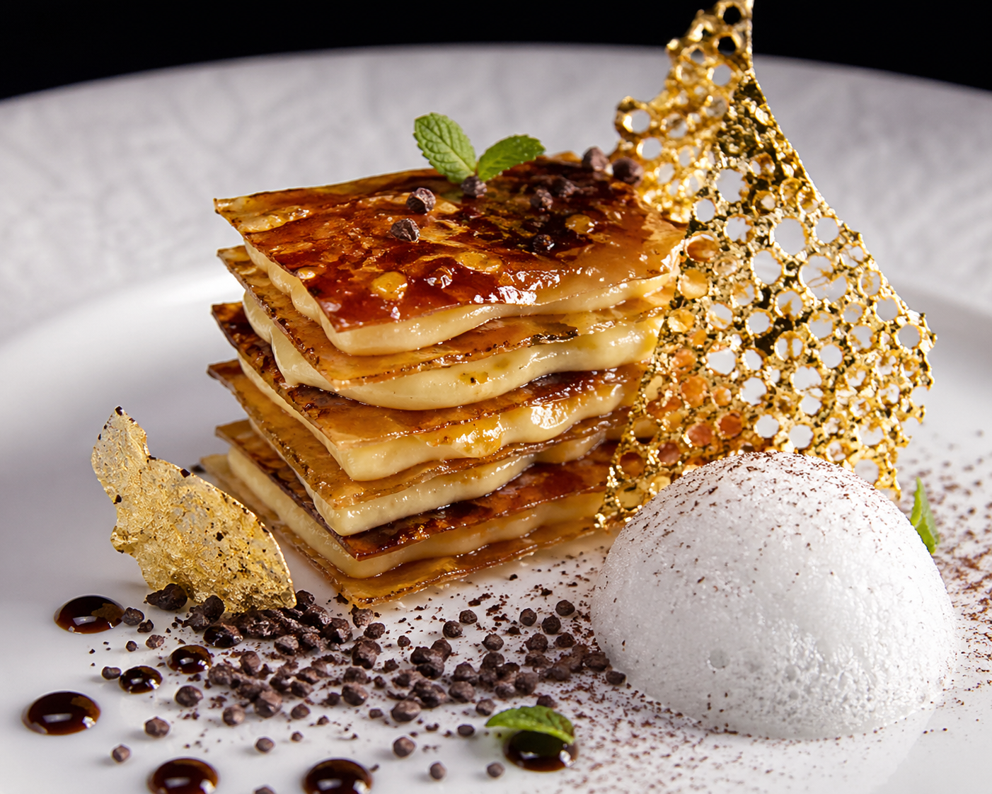 Caramelized Banana Mille-Feuille with Espresso Custard, Tonka Bean Air & Gold Leaf Honeycomb