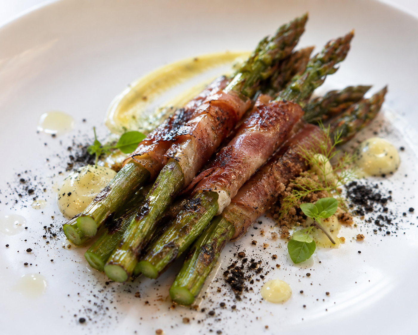 Charred Asparagus Wrapped in Prosciutto with Brown Butter Sabayon