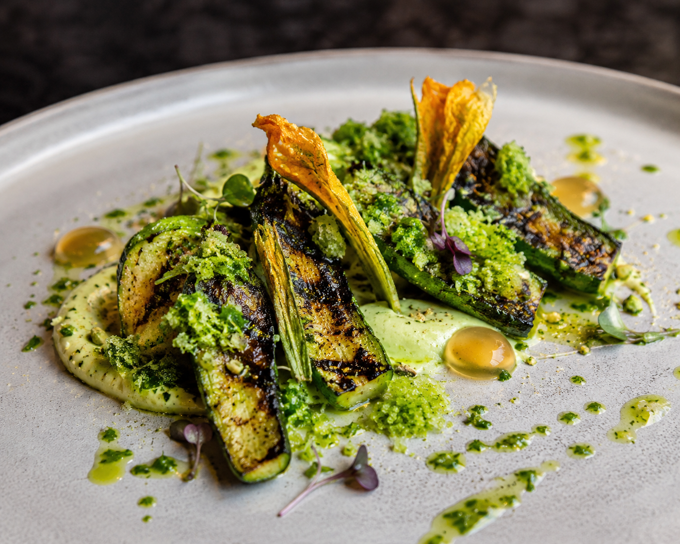 Charred Zucchini Verde Royale with Pistachio Tarator & Burnt Lemon Gel