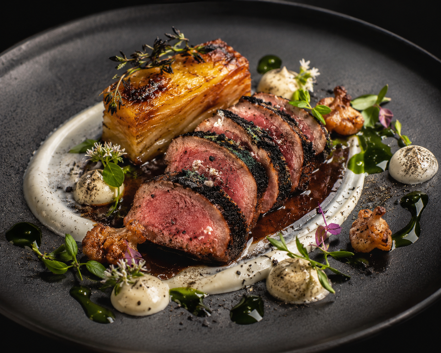 Coal-Kissed Lamb Saddle with Black Garlic Ash