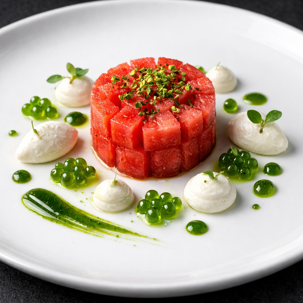 Compressed Watermelon, Feta Mousse & Basil Pearls