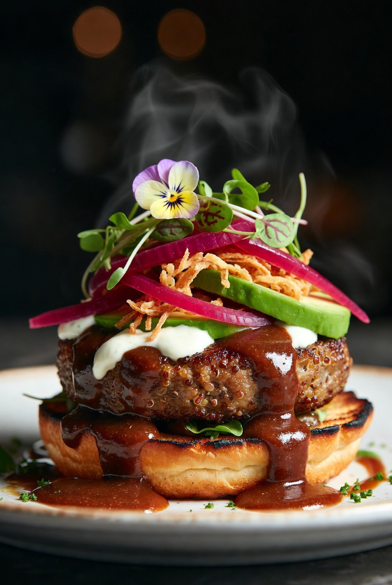 Dirty Vege-Burger with Smoky Mushroom Demi-Glace and Fermented Aioli