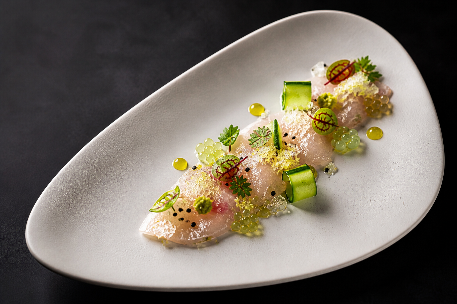 Dry-Aged Hamachi Crudo with Yuzu-Kosho Snow, Compressed Cucumber & Smoked Olive Oil Pearls