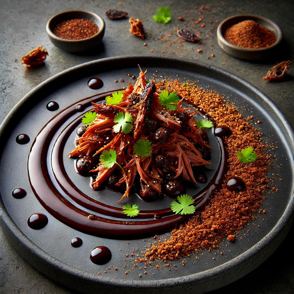 Duck Carnitas with Mole Negro and Cocoa Nib Dust