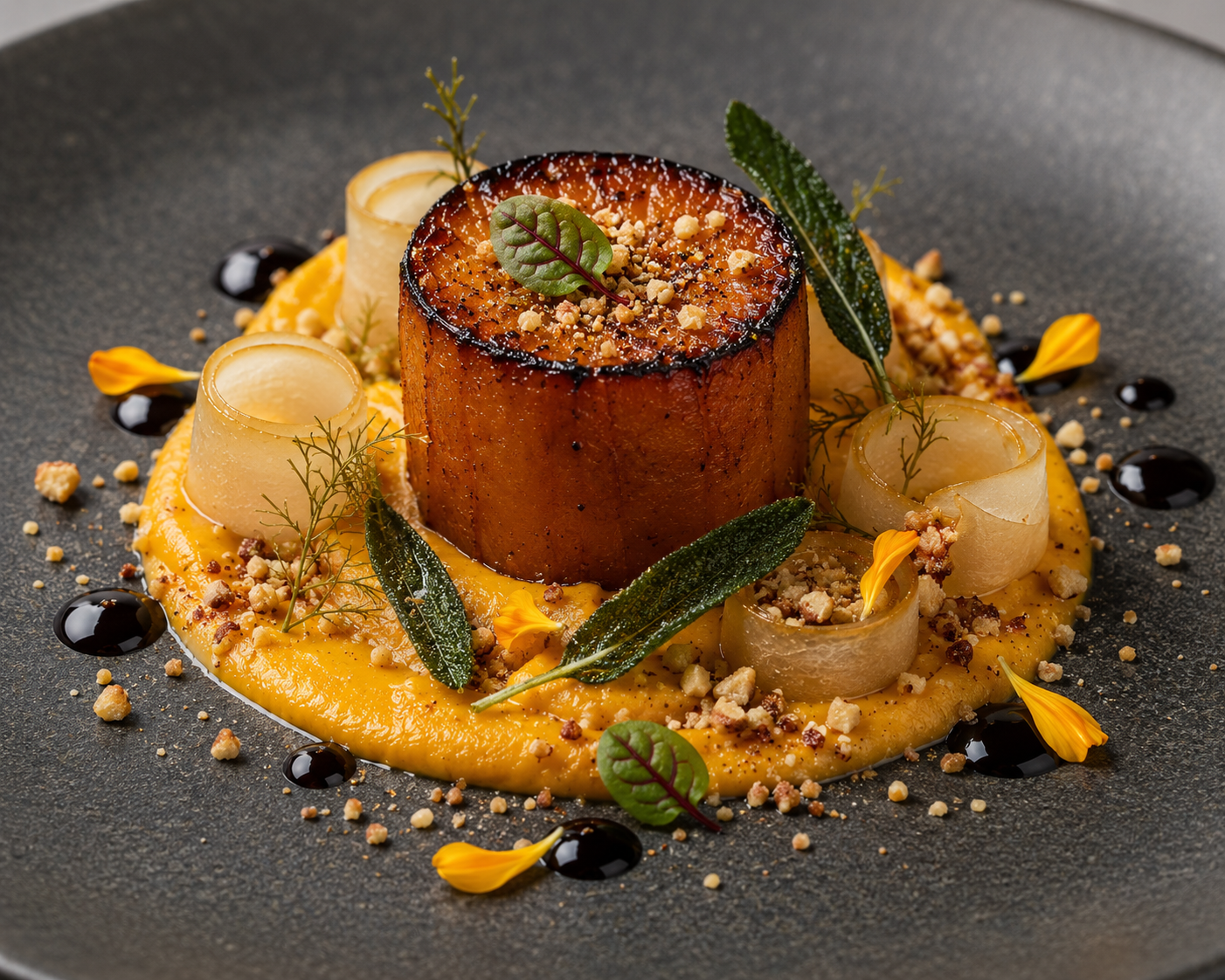 Ember-Roasted Butternut Squash with Smoked Silk Purée & Black Garlic