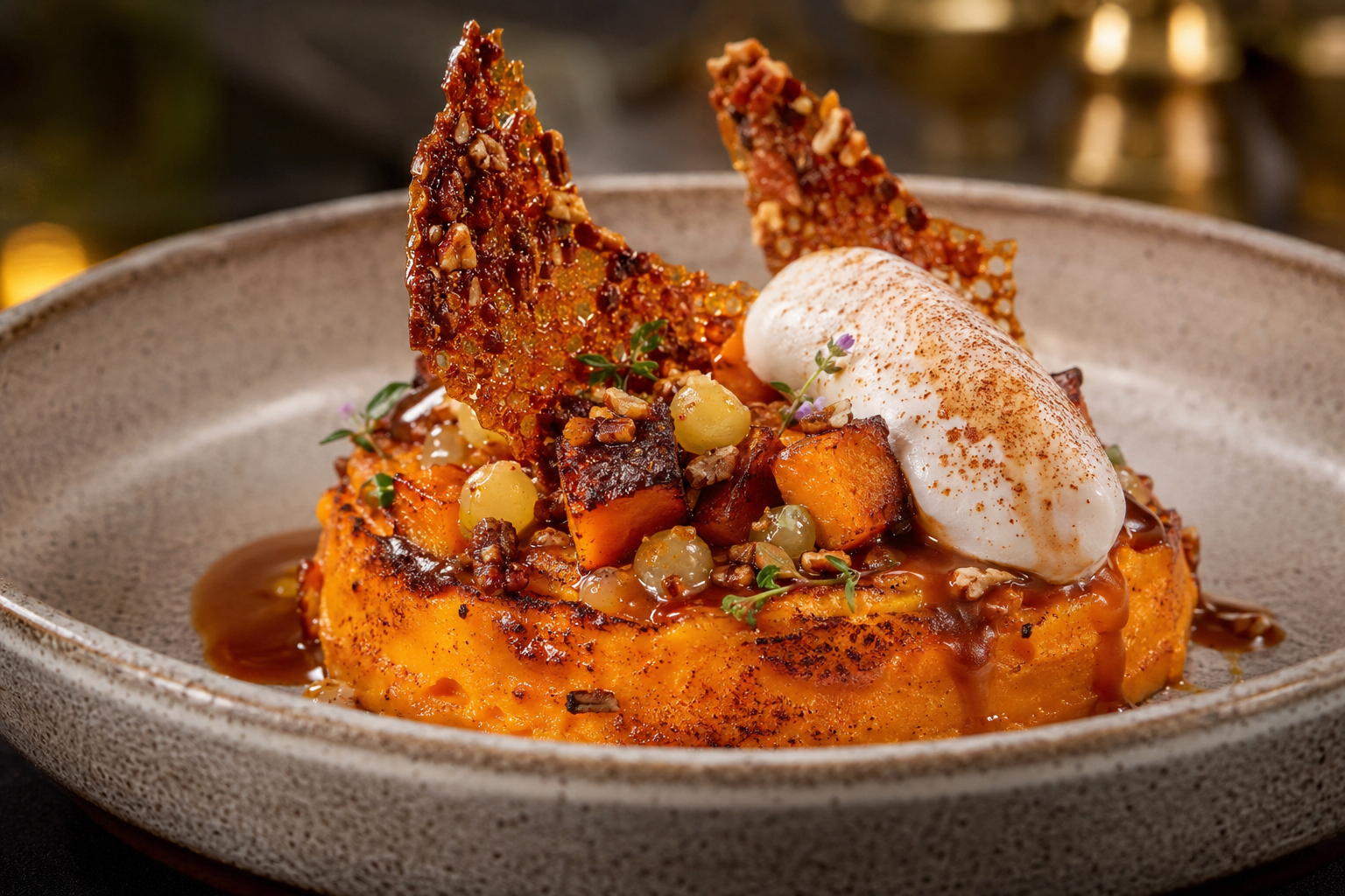Embered Sweet Potato Casserole with Brown Butter Miso Custard, Pecan Praline Glass & Smoked Marshmallow Foam
