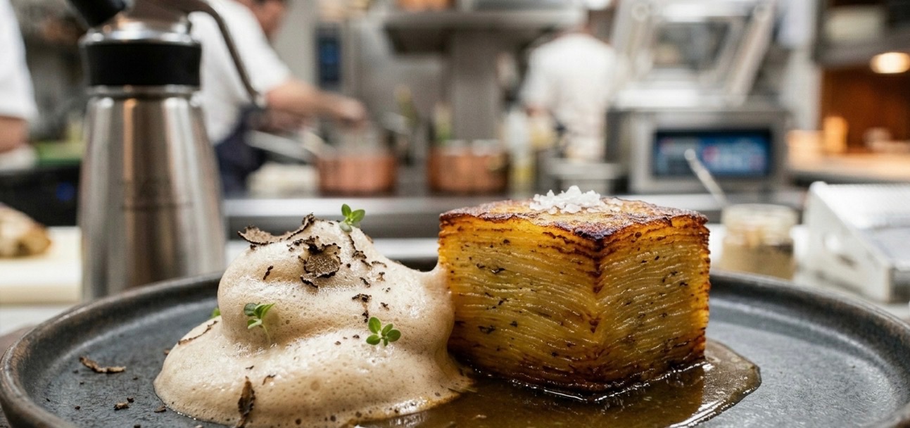 Glass-Laminate Potato Pavé with Truffle Aerated Emulsion