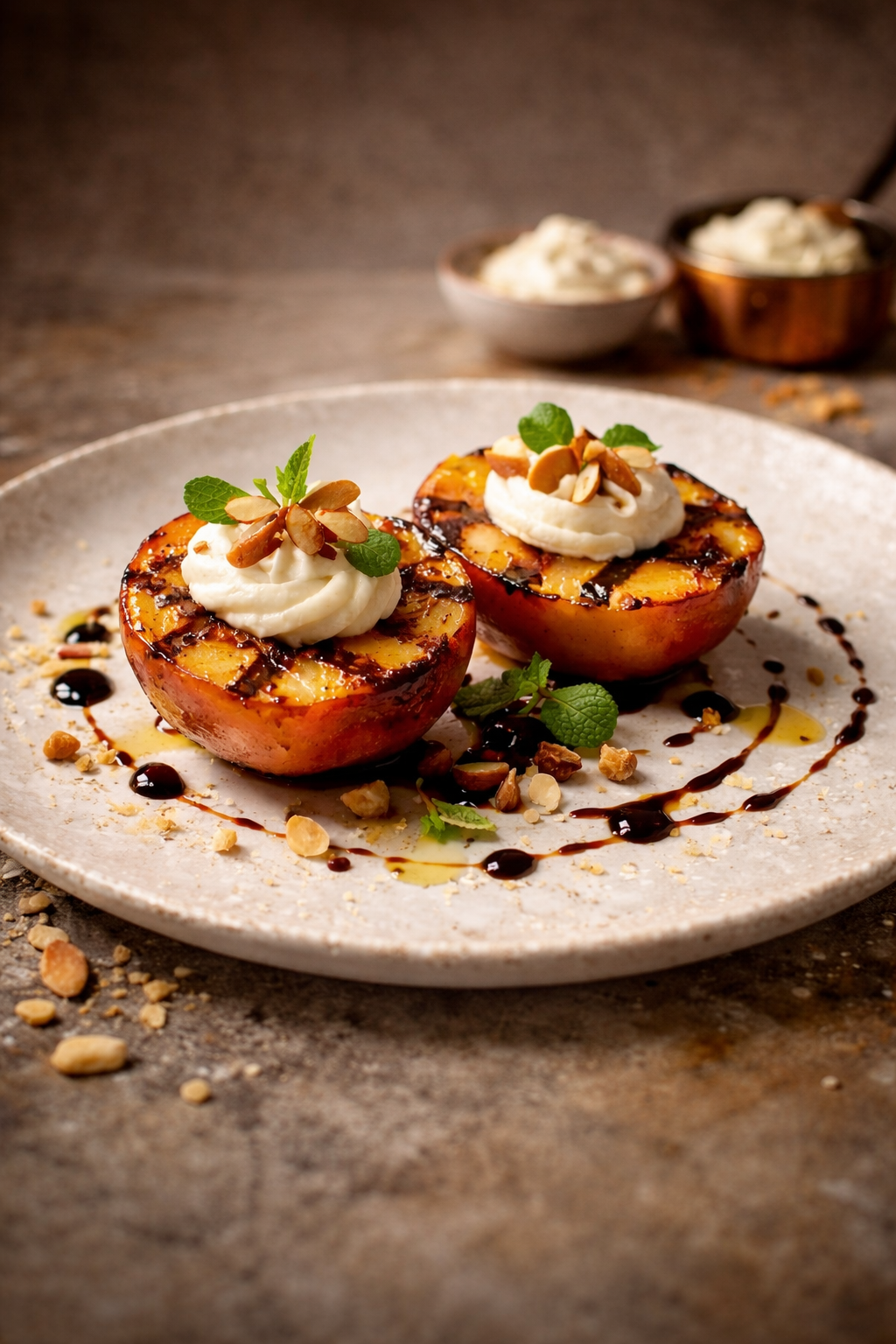 Grilled Peaches with Mascarpone Chantilly, Balsamic Reduction & Almond Praline