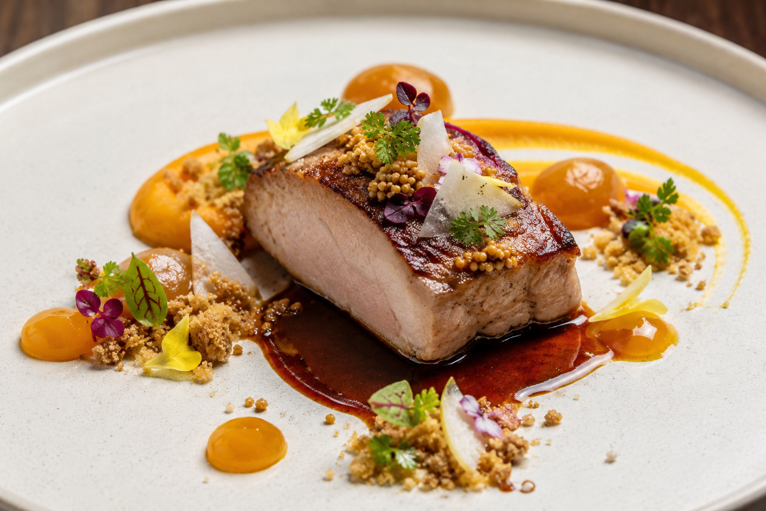 Koji-Aged Pork Loin with Smoked Apple Gel, Black Garlic Jus & Fermented Carrot Silk