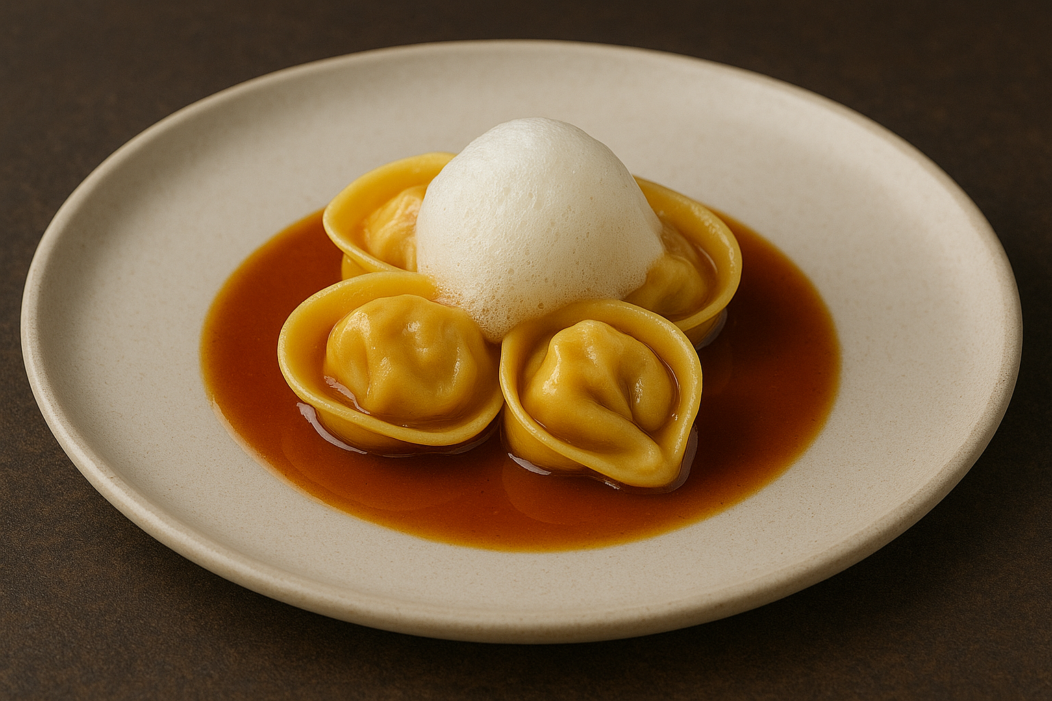 Lobster Tortellini with Bisque Reduction and Lemon Foam