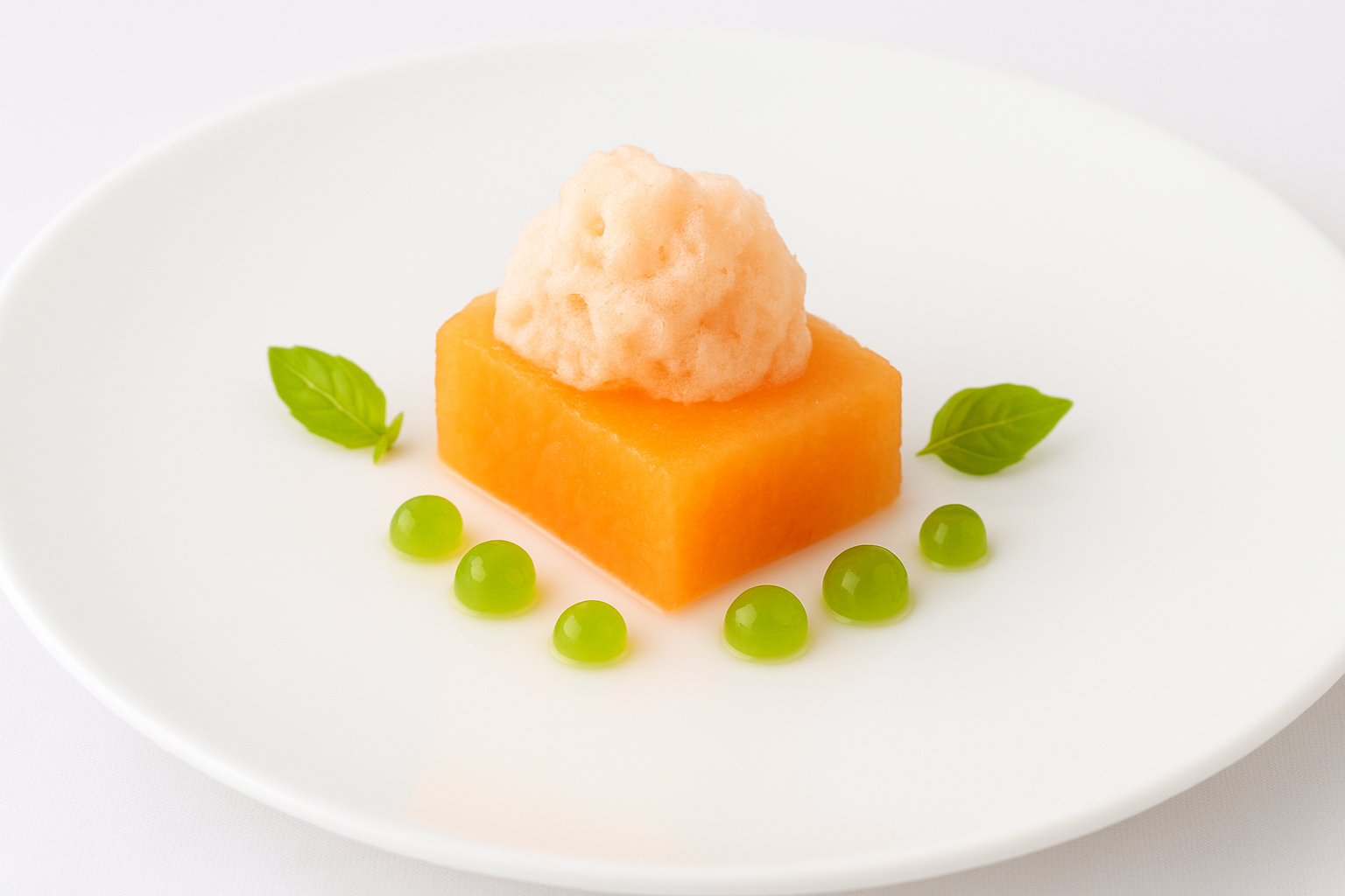 Compressed Melon, Prosciutto Air, and Basil Pearls