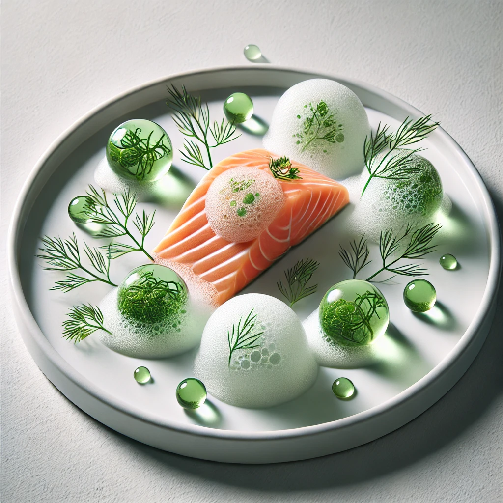 Poached Salmon with Cucumber Spheres and Dill Air