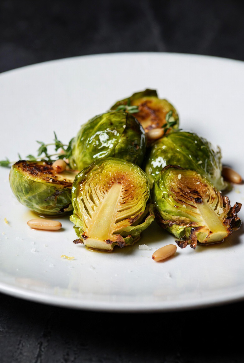Roasted Brussels Sprouts Pavé with Aged Balsamic Emulsion and Crispy Leaves