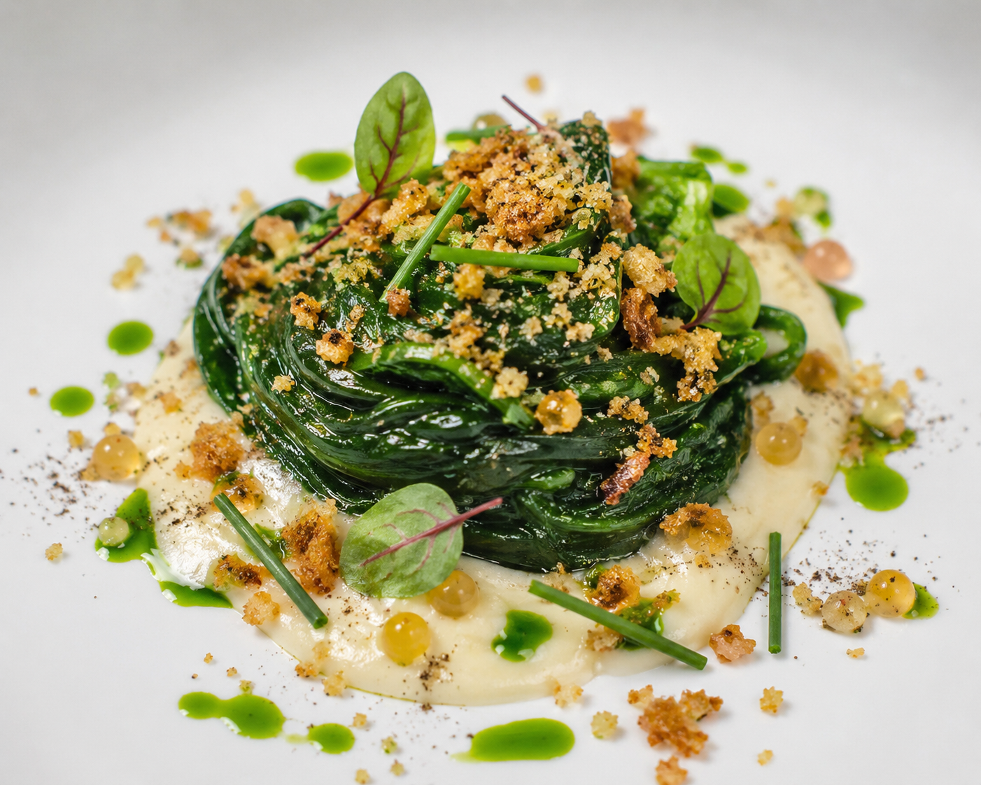 Smoked Spinach Royale with Black Garlic, Brown Butter Brioche Crumble & Comté Velouté