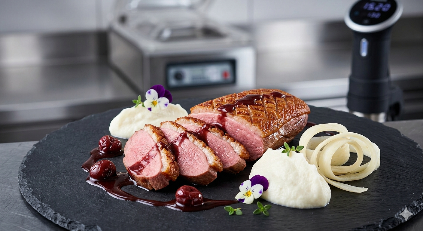 Sous-Vide Duck Breast, Salsify Silk, and Cherry-Infused Balsamic Glaze