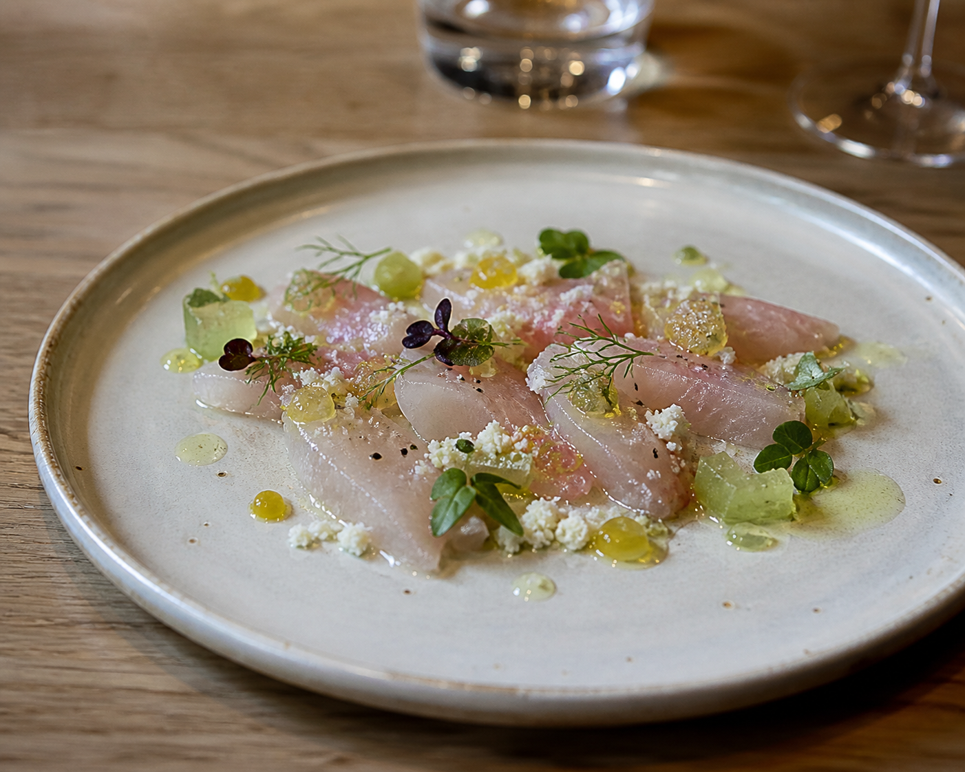 Yuzu-Cured Kampachi with Frozen Olive Oil, Compressed Melon & Smoked Dashi Air